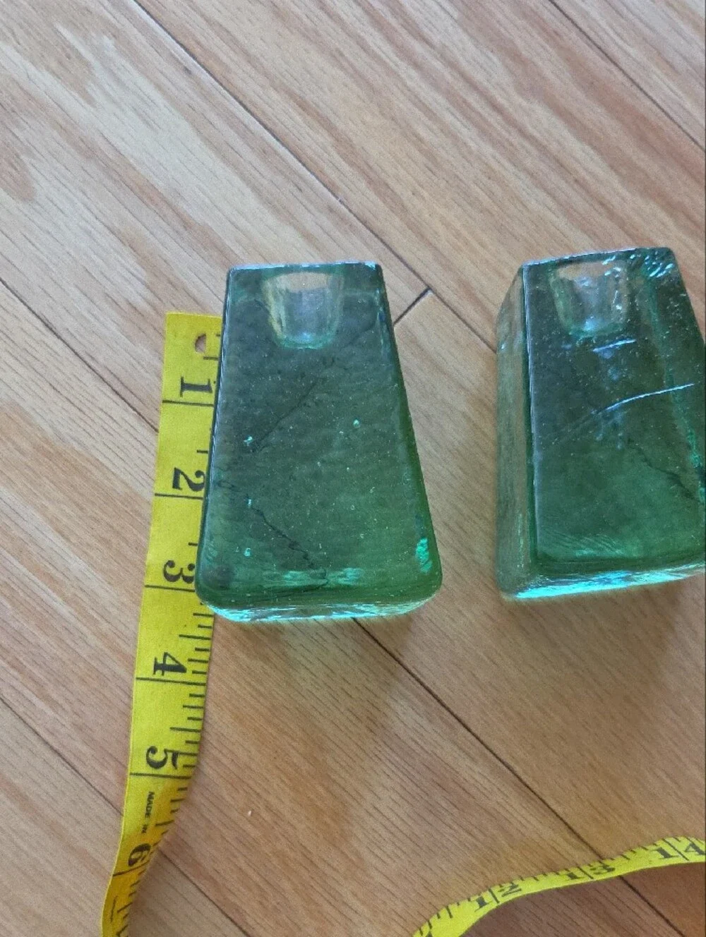 Fire and Light Signed Green Glass Taper Candle Holders - Pair